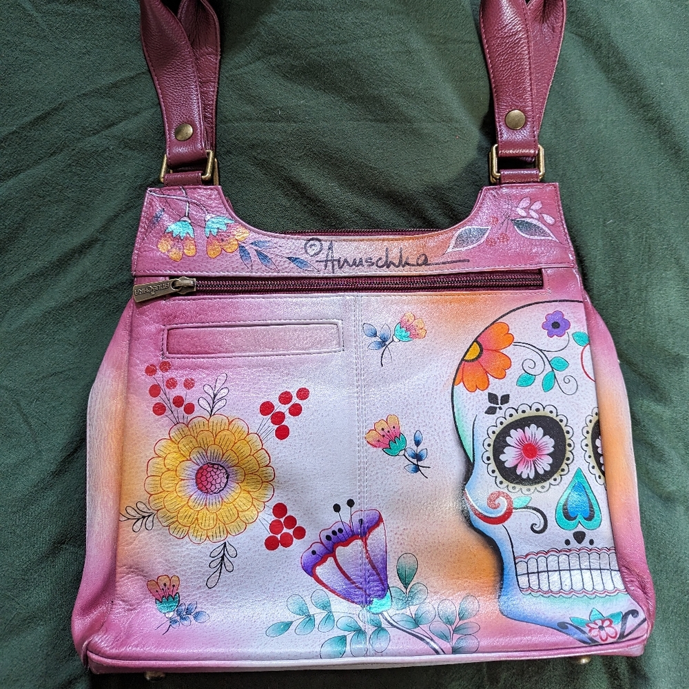 Anushka Sugar Skulls Hand Painted Leather Organizer Shoulder Purse - NWT